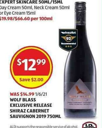 ALDI Wolf Blass Exclusive Release Shiraz Cabernet Sauvignon 2019 750ml offer