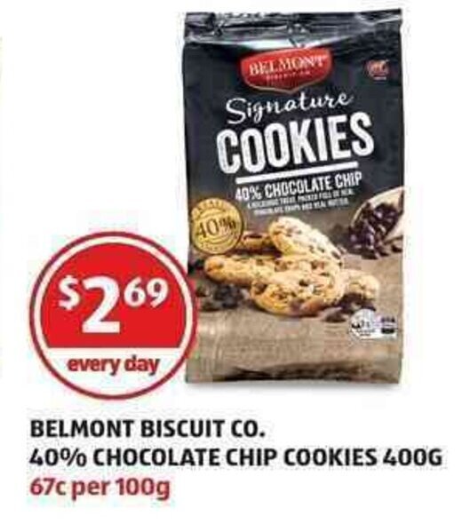 Belmont Biscuit Co. 40% Chocolate Chip Cookies 400g offer at ALDI