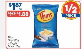 Foodland Thins Chips 175g Or Veggie Snaps 120g offer
