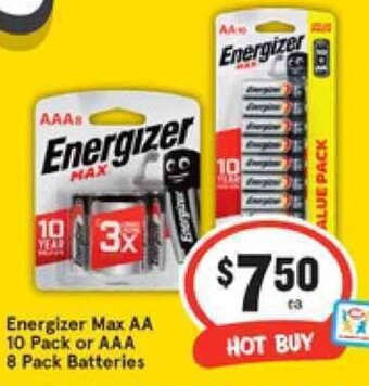 IGA Energizer Max AA 10 Pack or AAA 8 Pack Batteries offer