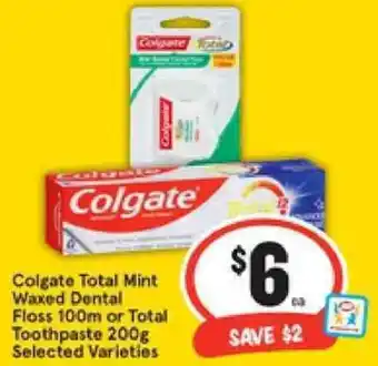 IGA Colgate Total Mint Waxed Dental Floss 100m or Total Toothpaste 200g offer