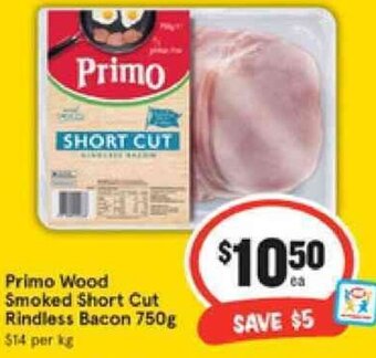 IGA Primo Wood Smoked Short Cut Rindless Bacon 750g offer