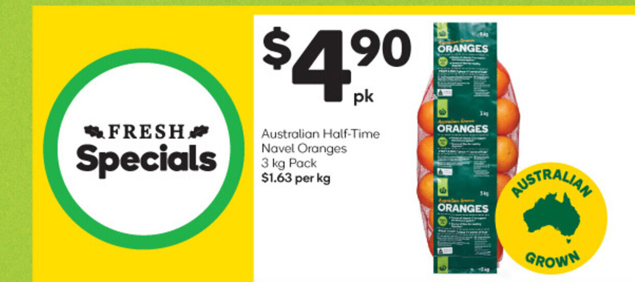 Australian HalfTime Navel Oranges 3kg pack offer at Woolworths