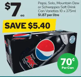 Woolworths Pepsi,Solo, Mountain Dew or Schweppes Soft Drink Can 10x375ml offer
