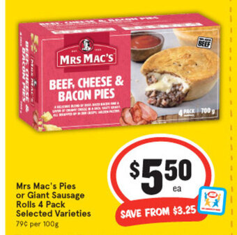 IGA Mrs Mac's Pies or Giant Sausage Rolls 4 Pack offer