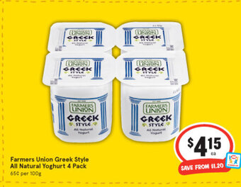 IGA Farmers Union Greek Style All Natural Yoghurt 4 Pack offer