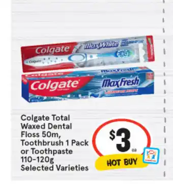 IGA Colgate Total Waxed Dental Floss 50cm, Toothbrush 1 Pack or Toothpaste 110-120g offer