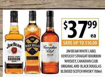 Supabarn Jim Beam White Label Kentucky Straight Bourbon Whiskey, Canadian Club Original And Black Douglas Blended Scotch Whisky offer