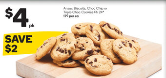 Woolworths Anzac Biscuits, Choc Chip or Triple Choc Cookies Pk 24* offer