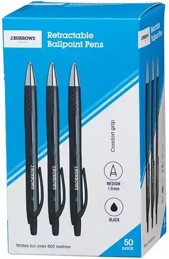 Officeworks J.Burrows 50 Pack Retractable Ballpoint Pens offer