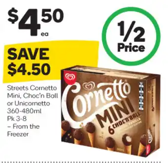 Woolworths Streets Cornetto Mini, Choc'n Ball or Unicornetto 360-480ml offer