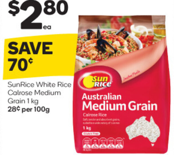 SunRice White Rice Calrose Medium Grain 1kg offer at Woolworths
