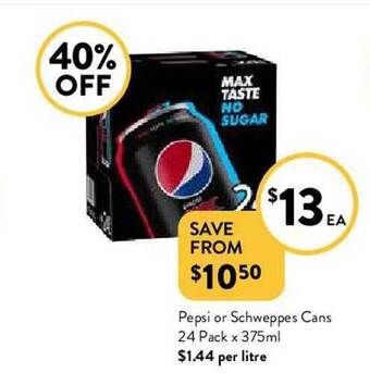 Foodworks Pepsi Or Schweppes Cans offer