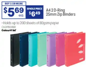 Officeworks A4 2 D-Ring 25mm Zip Binders offer