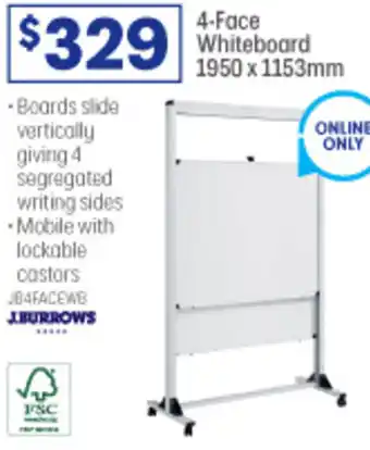 Officeworks 4-Face Whiteboard 1950x1153mm offer