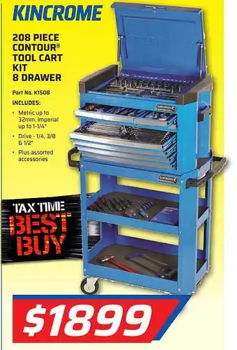 Auto One Kincrome 208 Piece Contour Tool Cart Kit 8 Drawer offer