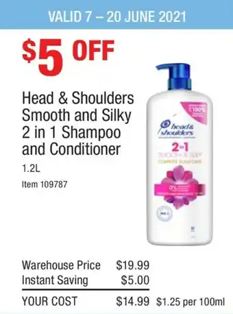Costco Head & Shoulders Smooth and Silky 2 in 1 Shampoo and Conditioner 1.2L offer