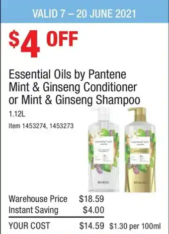 Costco Essential Oils by Pantene Mint & Ginseng Conditioner or Mint & Ginseng Shampoo 1.12L offer