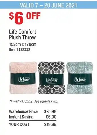 Costco Life Comfort Plush Throw 152cm x 178cm offer