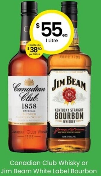 The Bottle O Canadian Club Whisky or Jim Beam White Label Bourbon 1 Litre offer