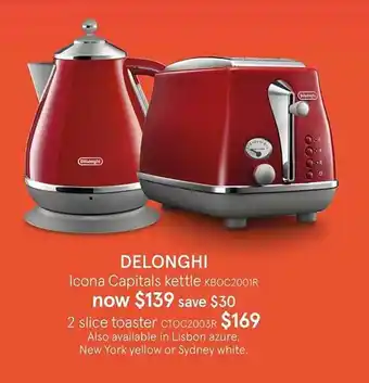 Myer Dëlonghi Icona Capitals Kettle, 2 Slice Toaster offer