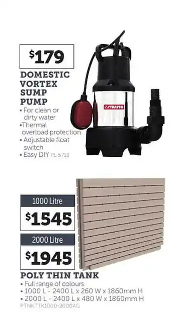 Stratco Domestic Vortex Sump Pump Poly Thin Tank offer