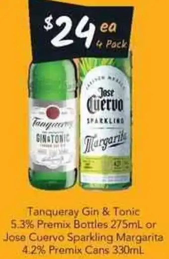 Tanqueray Gin & Tonic 5.3% Premix Bottles 275ml or Jose Cuervo Sparkling Margarita 4.2% Premix Cans 330ml