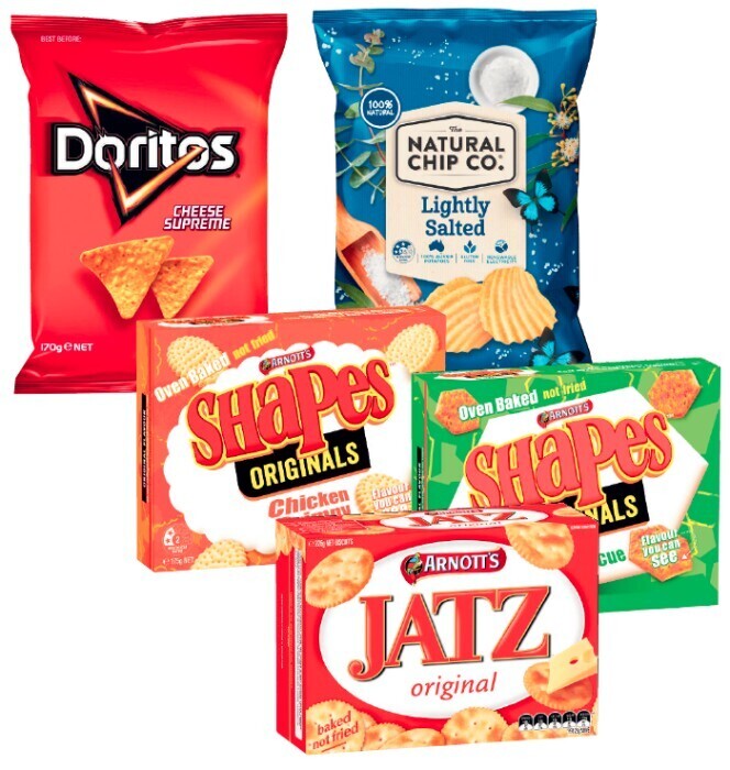 The Natural Chip Co. Potato Chips 175g or Doritos Corn Chips 150g170g or Arnott’s Shapes or