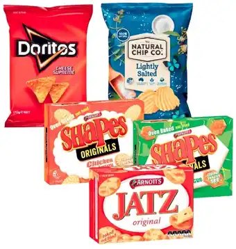 Coles The Natural Chip Co. Potato Chips 175g or Doritos Corn Chips 150g-170g or Arnott’s Shapes or Jatz Crackers 160g-225g offer