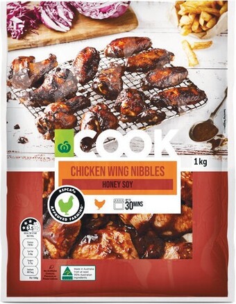 Woolworths COOK Chicken Wing Nibbles Honey Soy 1 kg with RSPCA Approved Chicken – From the Meat Dept