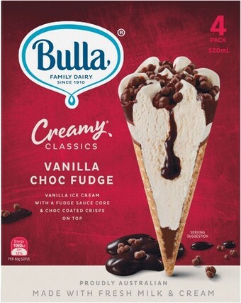 Woolworths Bulla Creamy Classics Ice Cream Cones 520ml Pk 4 – From the Freezer offer