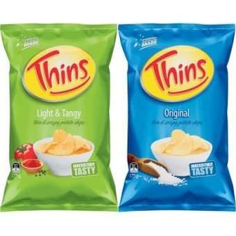 Coles Thins Potato Chips 150g-175g, CC's Corn Chips 175g or Cornados 110g offer
