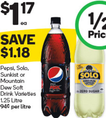 Woolworths Pepsi,Solo, Sunkist or Mountain Dew Soft Drink Varieties 1.25 Litre offer