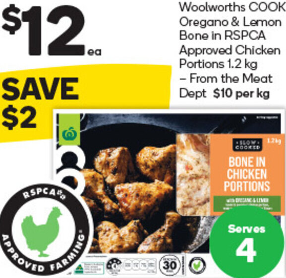 Woolworths COOK Oregano & Lemon Bone In ESPCA Approved Chicken Portions