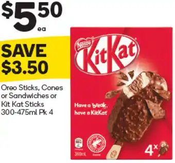 Woolworths Oreo Sticks, Cones or Sandwiches or Kit Kat Sticks 300-475ml Pk 4 offer