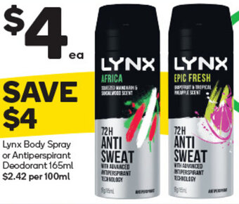 Woolworths Lynx Body Spray or Antiperspirant Deodorant 165ml offer