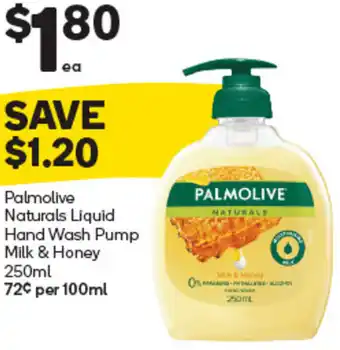 Woolworths Palmolive Naturals Liquid Hand Wash Pump Milk & Honey 250ml offer