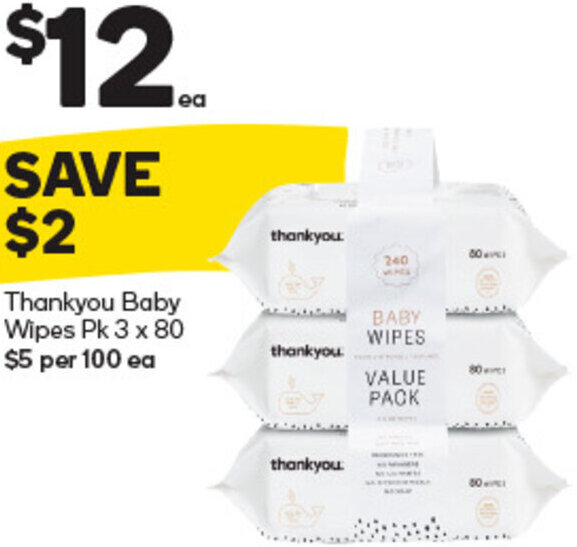 Woolworths Thankyou Baby Wipes Pk 3 x 80 offer