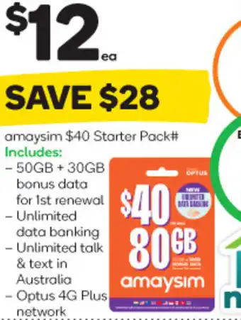 Woolworths Amaysim $40 Starter Pack# 50GB + 30GB offer