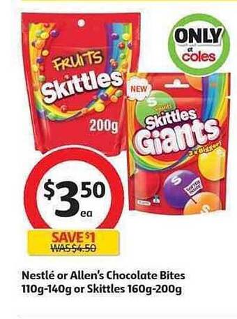 Coles Nestlé Or Allen's Chocolate Bites 110g-140g Or Skittles 160g-200g offer