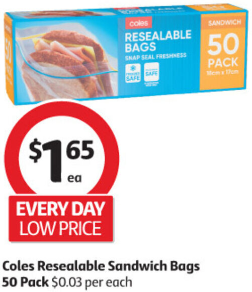 Coles Resealable Sandwich Bags 50 Pack offer at Coles