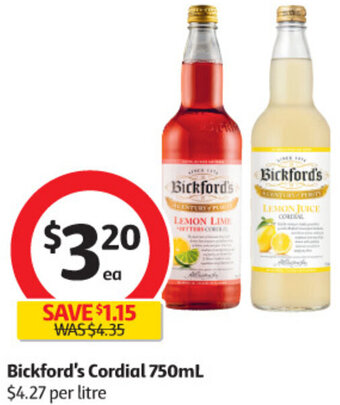 Coles Bickford's Cordial 750ml offer