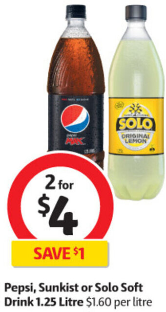 Coles Pepsi, Sunkist or Solo Soft Drink 1.25 Litre offer