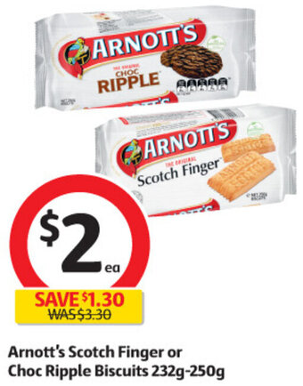 Coles Arnott's Scotch Finger or Choc Ripple Biscuits 232g-250g offer