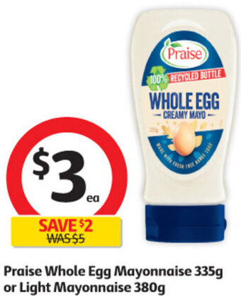 Praise Whole Egg Mayonnaise 335g or Light Mayonnaise 380g