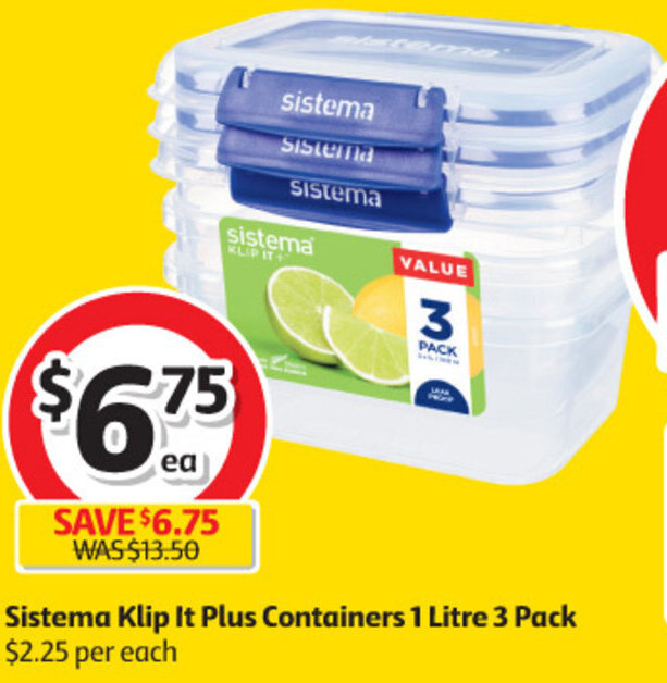 Sistema Klip It Plus Containers 1 Litre 3 Pack offer at Coles