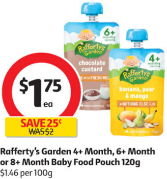 Coles Rafferty's Garden 4+ Month, 6+ Month or 8+ Month Baby Food Pouch 120g offer