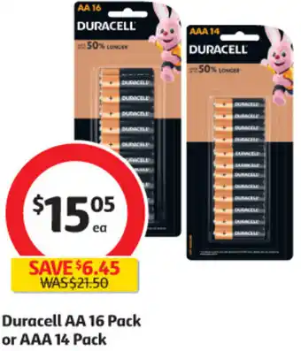 Coles Duracell AA 16 Pack or AAA 14 Pack offer