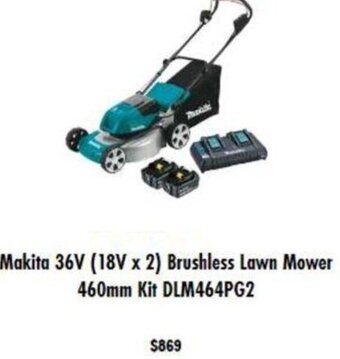 Mitre 10 Makita 36V (18V x 2) Brushless Lawn Mower 460mm Kit DLM464PG2 offer