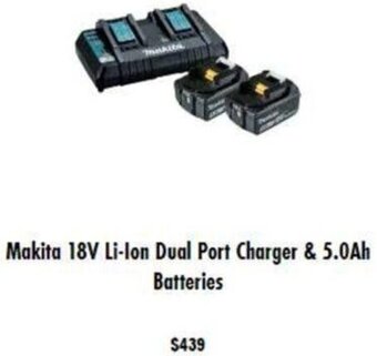 Mitre 10 Makita 18V Li-Ion Dual Port Charger & 5.0Ah Batteries offer